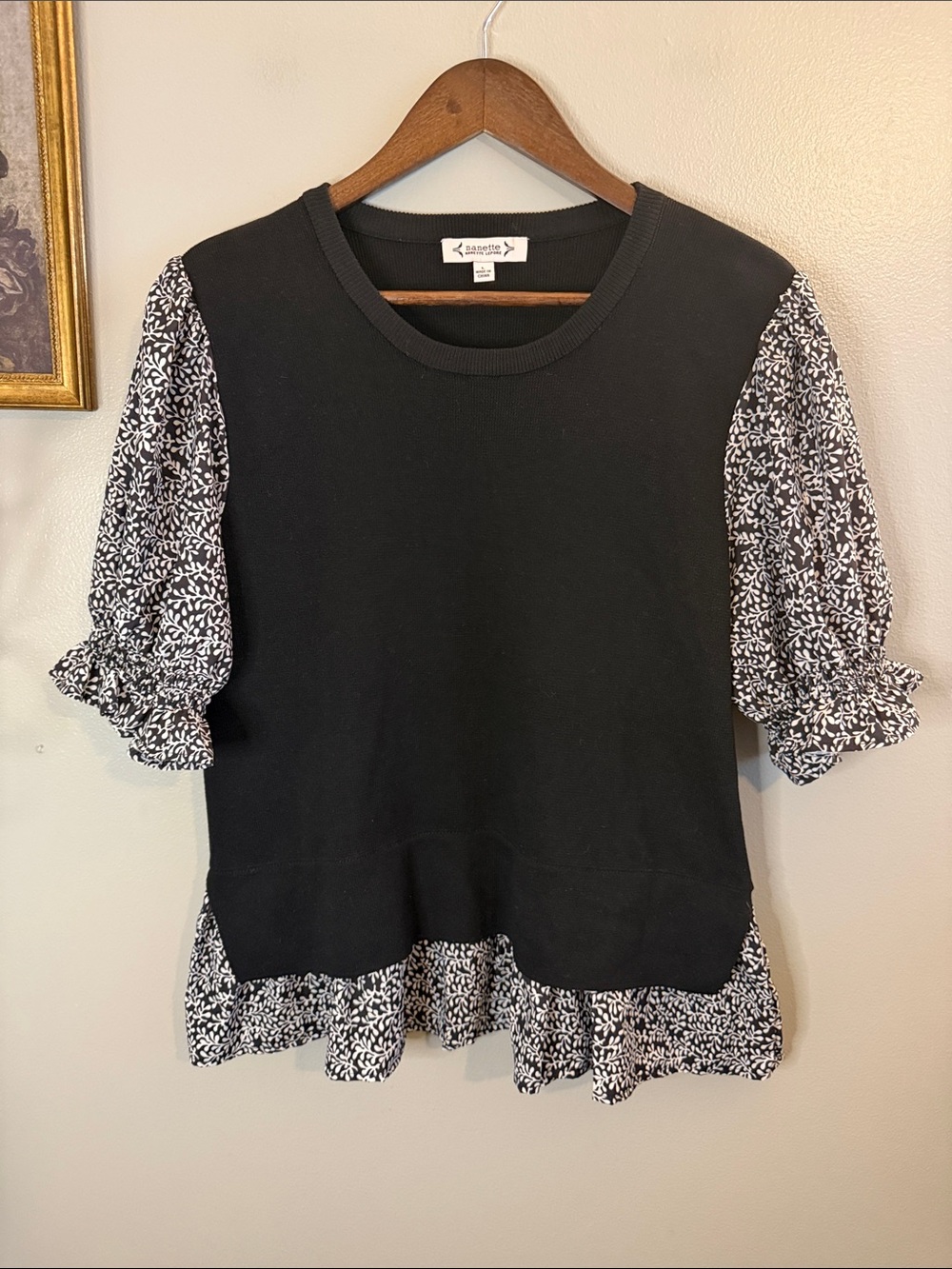 Nanette Nanette Lepore Black Floral Ruffle Hem Puff Sleeve Top L - Picture 8 of 9